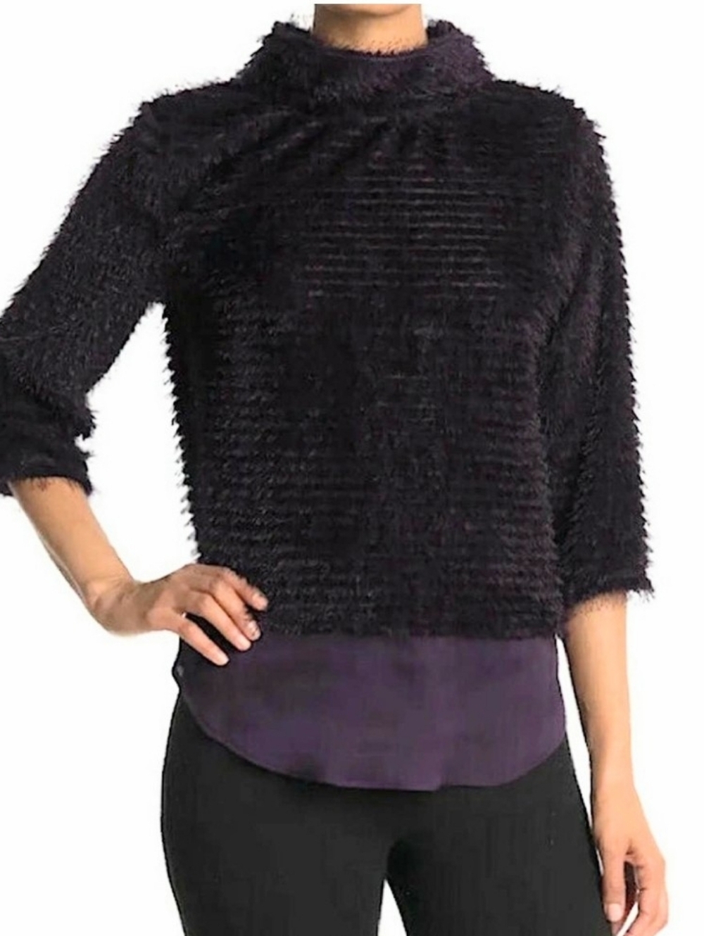 Vince Camuto Eyelash Opulent Mood Purple Mock Neck Shirttail Hem Sweater Top